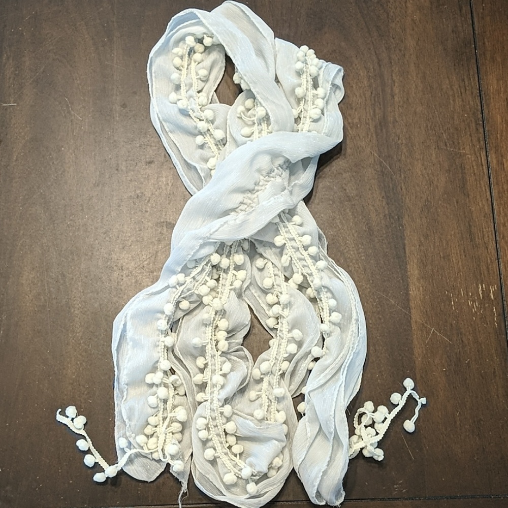 Off White Scarf with hanging ball tassel details